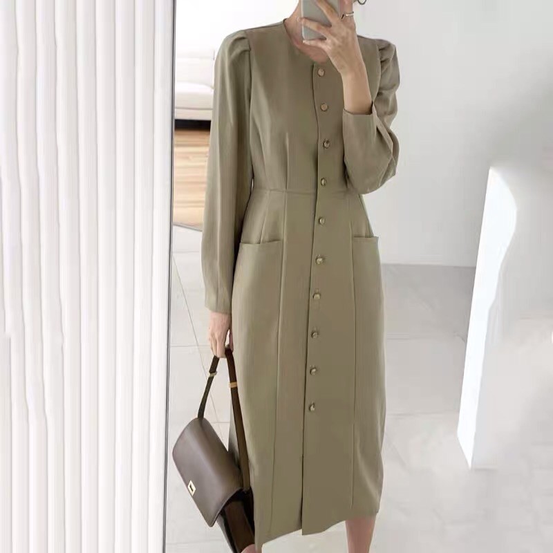 Đầm sơ mi cổ tròn tối giản phong cách Hàn Quốc - Váy cổ điển vintage phong cách tối giản