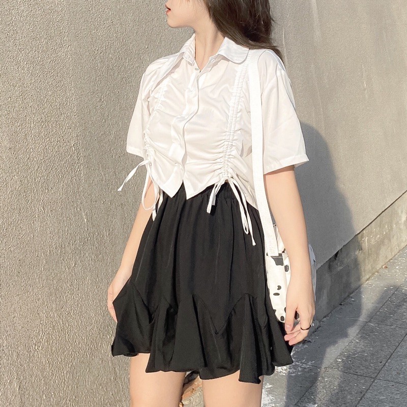 KOREA SET - ÁO SƠ MI TRẮNG RÚT 2 BÊN + CHÂN VÁY XOÈ CÁCH ĐIỆU BÈO