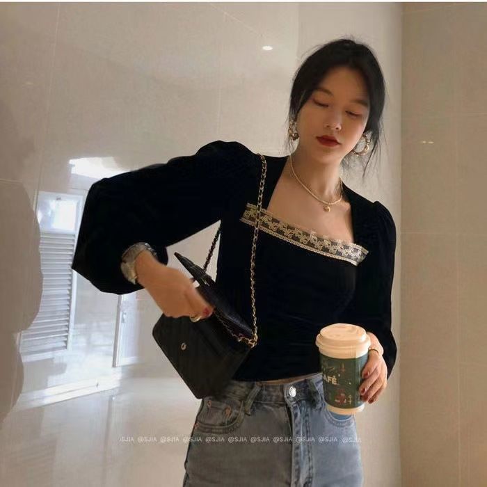 Áo Sơ Mi Tay Dài Cổ Vuông Bằng Vải Nhung Màu Đen Phong Cách Pháp Thời Trang 2022