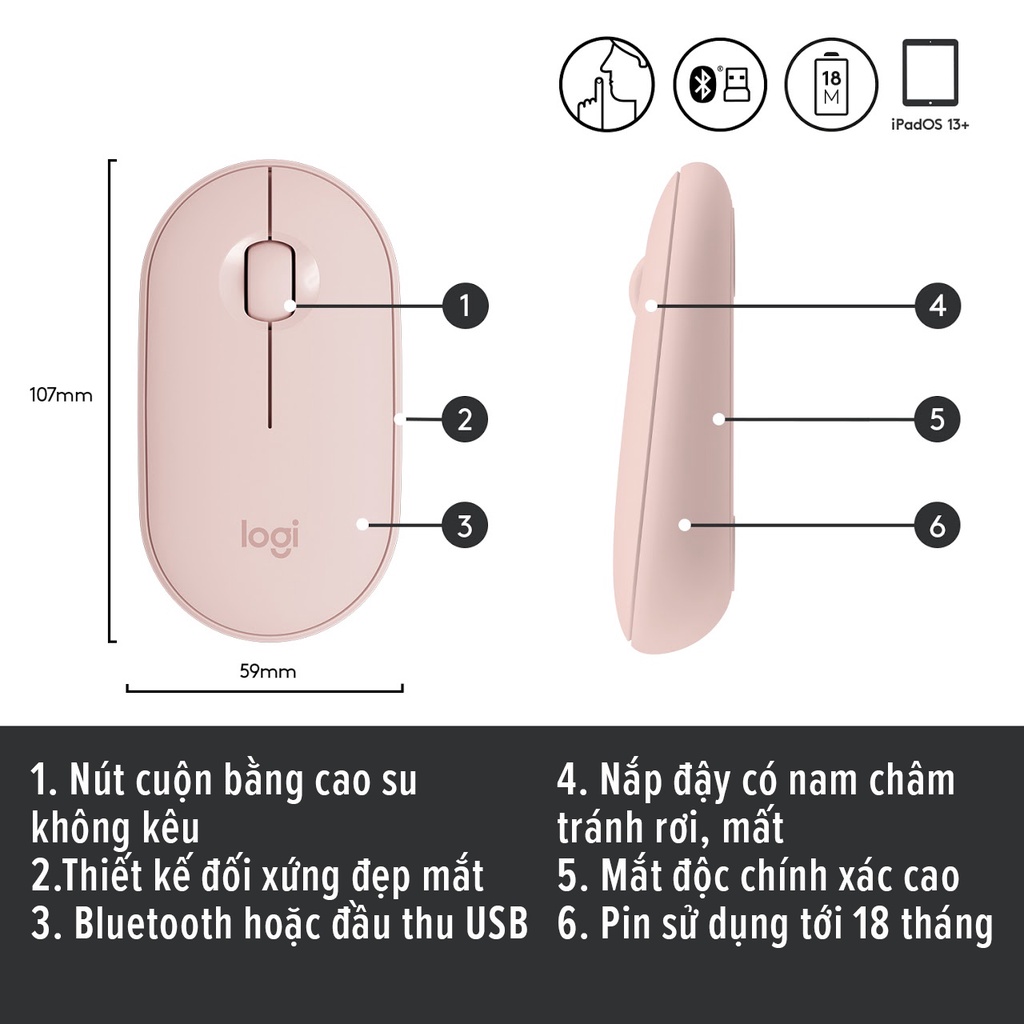 Chuột không dây Logitech Pebble M350 - Bluetooth/ USB, nhỏ gọn, giảm ồn, MacOS / PC