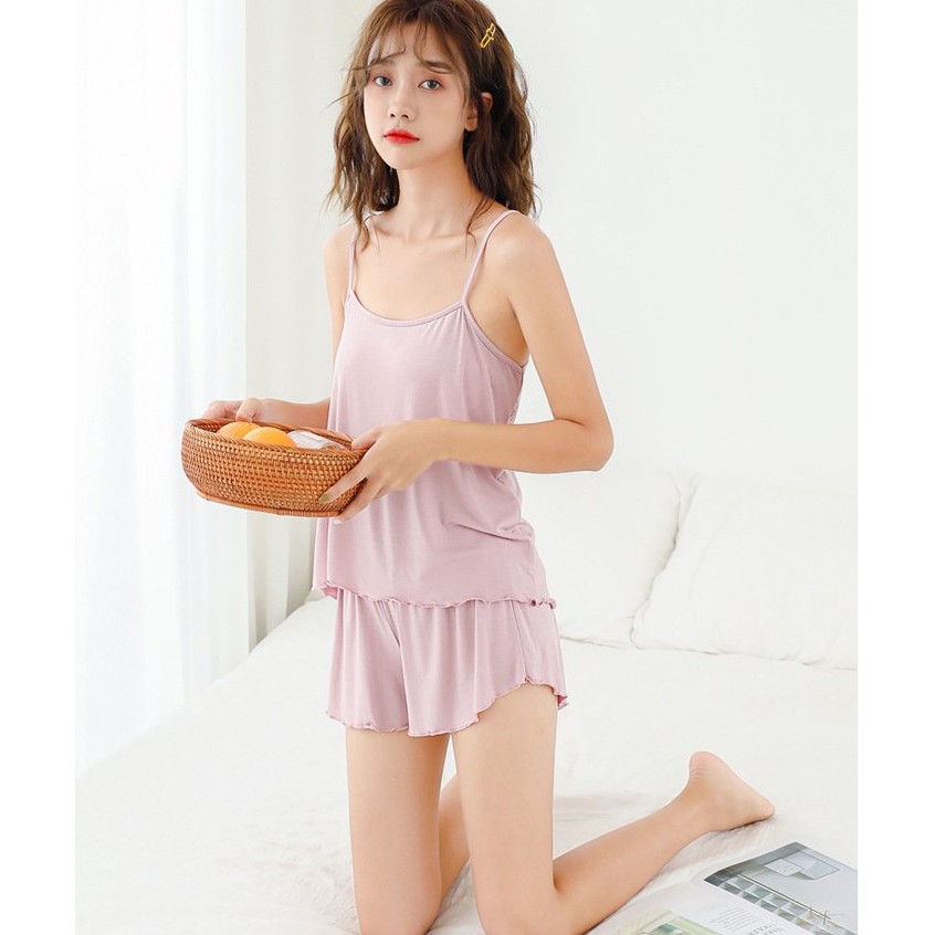 Đồ bộ ngủ nữ hai dây vải thun co dãn dưới 65kg kiểu dáng sexy CRSB005