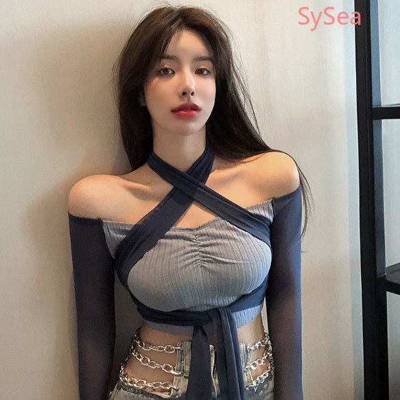 Áo Kiểu Tay Dài Phối Lưới Thiết Kế Trễ Vai Quyến Rũ