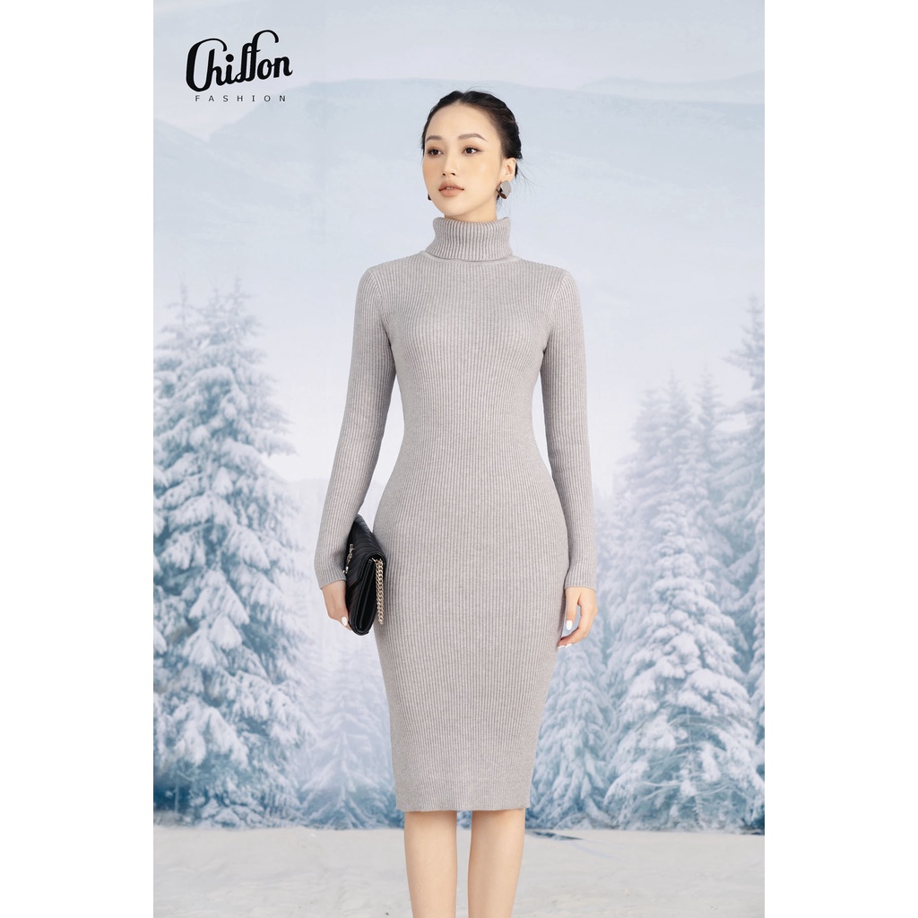 Váy len dáng dài cổ lọ xẻ 1 bên thiết kế Chiffon. Đầm len dài tay cổ cao