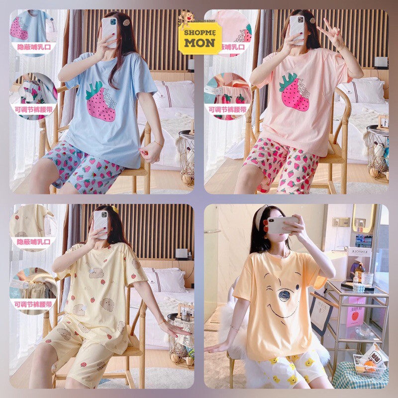 Đồ Bộ Bầu Sau Sinh Cho Con Bú Quần Lửng Chất Cotton Hàng Quảng Châu Mới 2021