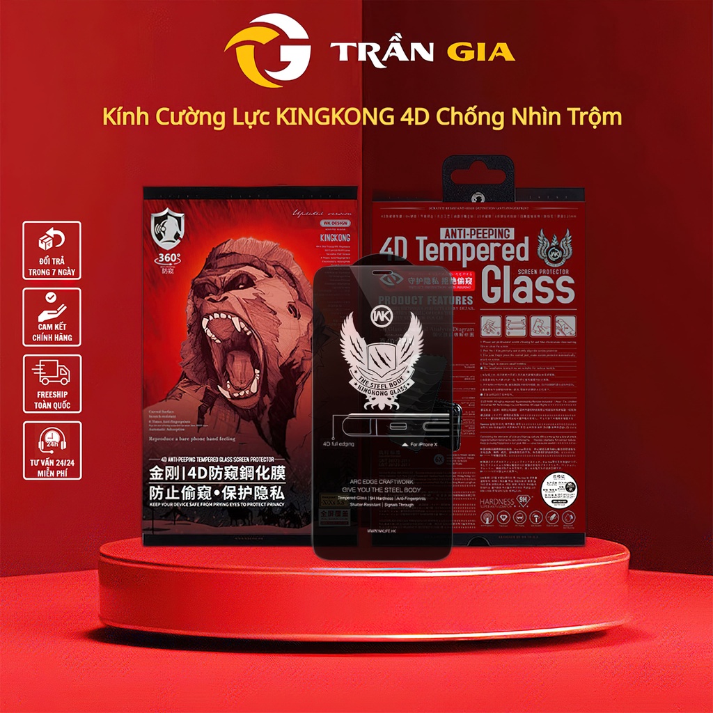 Kính Cường Lực Chống Nhìn Trộm KINGKONG 4D Cho ip 13 Pro Max 12 Pro Max 11 Pro Max Xs Max X 8 Plus 7 Plus