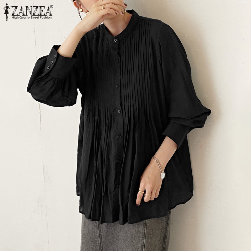 Áo kiểu dài tay ZANZEA cổ tròn xếp ly màu trơn dễ phối đồ cho phái nữ mặc hàng ngày