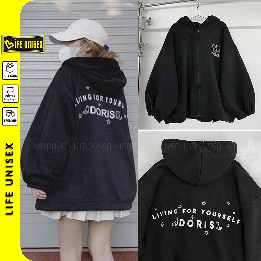 Áo Khoác Hoodie Nỉ DORIS Nam Nữ Ulzzang Unisex Dây Kéo, Áo Khoác Nỉ Form Rộng LIFE UNISEX