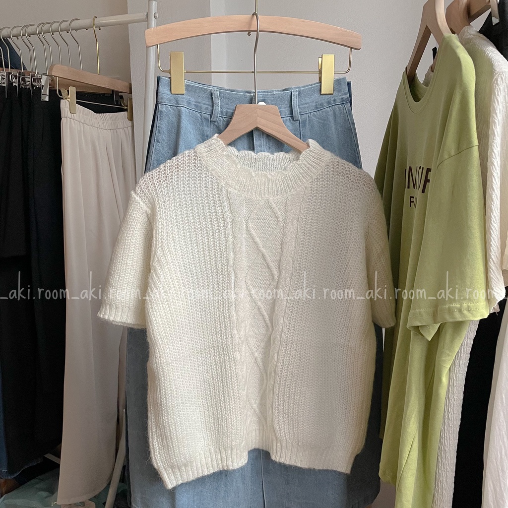 Áo len lông thừng mỏng cộc tay cổ tròn viền sóng