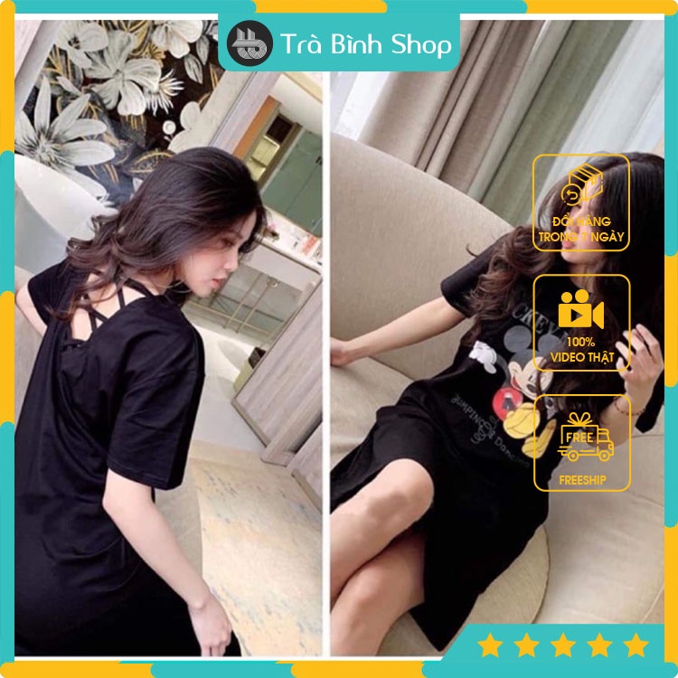 Váy Suông Dáng Dài Đầm Họa Tiết Hình MICKEY Đang Dây Lưng