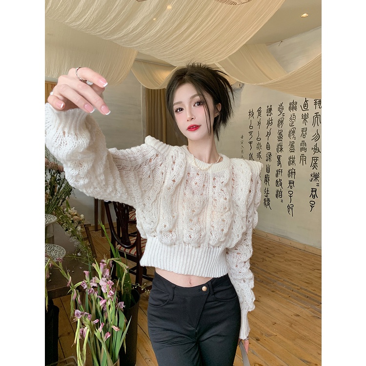 Áo sweater ZHELIHANGFEI dài tay eo cao thiết kế kiểu rách phong cách quyến rũ