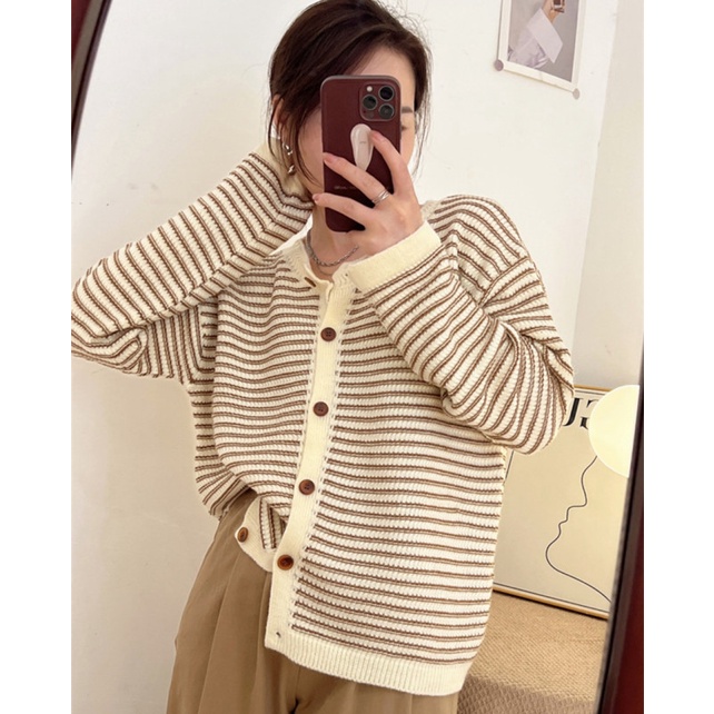 Áo len cardigan NZN tay dài cổ tròn họa tiết kẻ sọc phong cách Hàn Quốc thời trang mùa thu cho nữ