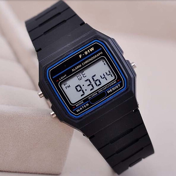 Đồng hồ điện tử nam nữ WR F-91W nhựa màu đen mặt vuông có đèn led, đồng hồ đeo tay unisex thời trang phong cách thể thao
