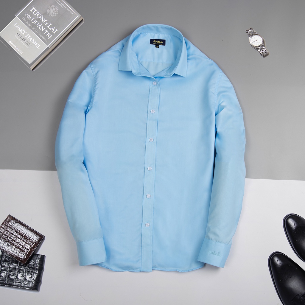 Áo Sơ Mi Nam Công Sở Trung Niên Anton Somianton Xanh Trơn Dài Tay Vải Cotton - A14