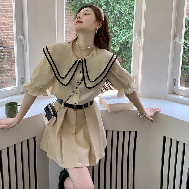 Bộ Áo Sơ Mi Cổ Búp Bê + Chân Váy Ngắn Đáng Yêu Thời Trang Cho Nữ