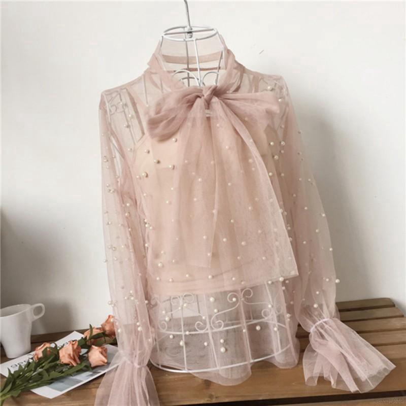 Áo kiểu tay loe dài phối lưới thắt nơ thời trang nữ High quality Tops