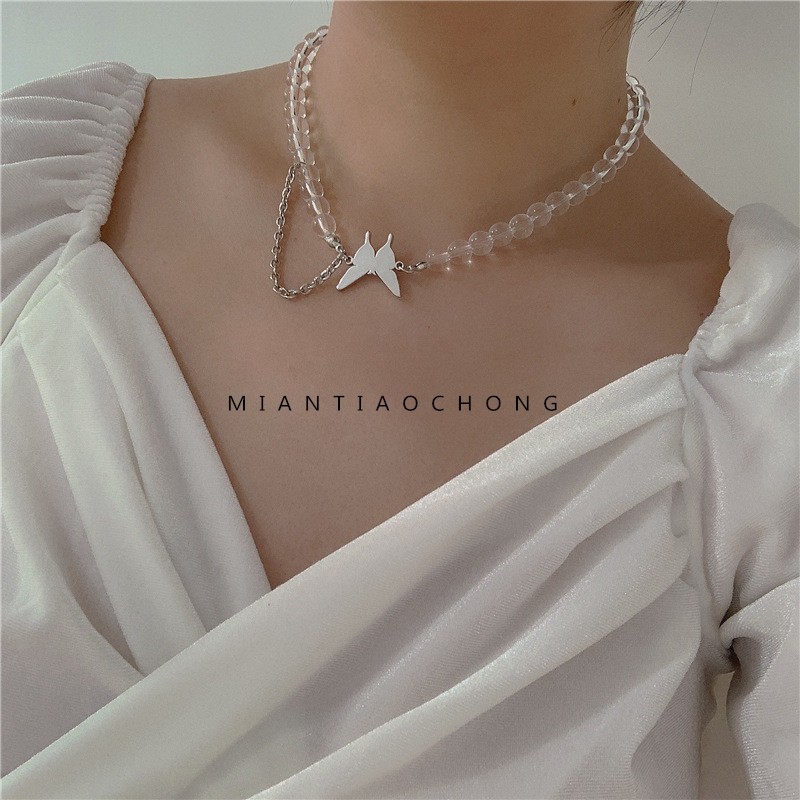 vòng cổ nữ chuỗi hạt trong suốt mặt bướm phong cách Hàn Quốc cá tính