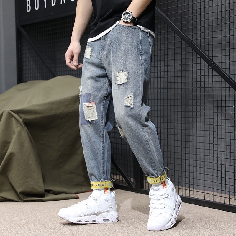 Quần Jean Ống Rộng Rách Gối Phong Cách Hip Hop Đường Phố Thời Trang Thu Đông Dành Cho Nam
