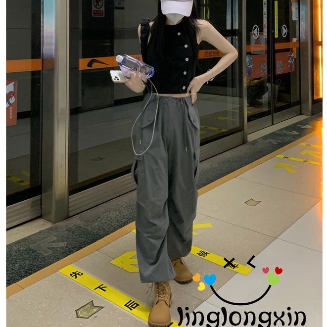 Linglongxi2-quần Túi Hộp Dáng Rộng Dài Màu Trơn Lưng Thấp Phối Dây Rút Thời Trang Mùa Thu Cho Nữ