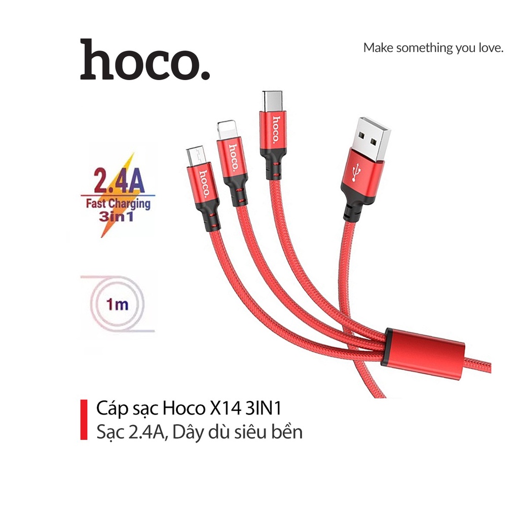 Cáp sạc 2.4A hoco. X14 3 đầu dây dù siêu bền cho Smartphone dài 1M