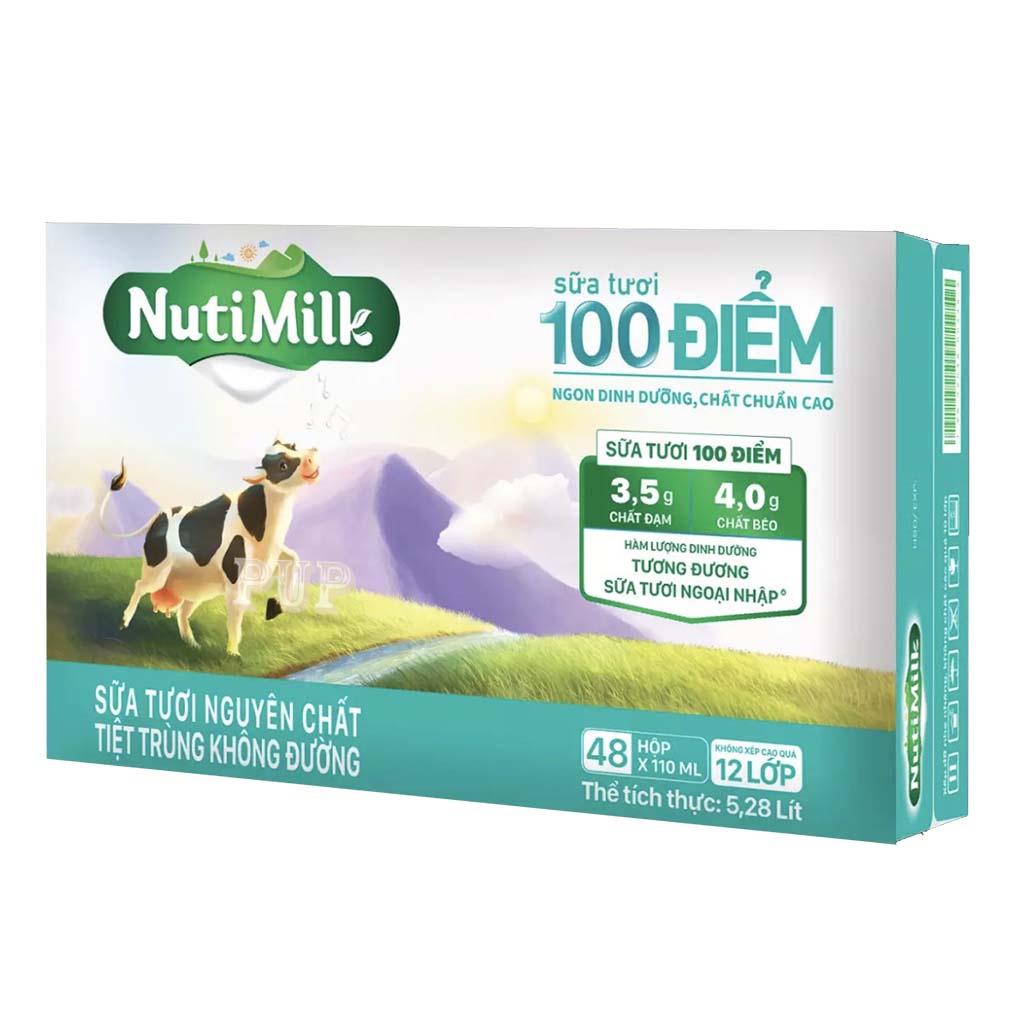 Thùng 12 Lốc Sữa Tươi  Tiệt Trùng 100 Điểm Không Đường Nutimilk 110ml