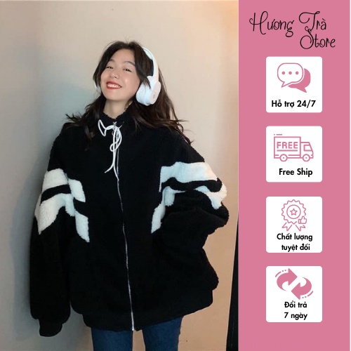 Áo Khoác Lông Phối Tay Hot Hit Mùa Đông, Áo Khoác Nữ Unisex Lông Cừu Dày Dặn 2 Lớp, Dễ Phối Đồ, Chất Bao Sịn