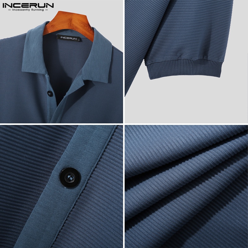 INCERUN Áo Sơ Mi Ngắn Tay Dáng Rộng Màu Sắc Đơn Giản Cho Nam