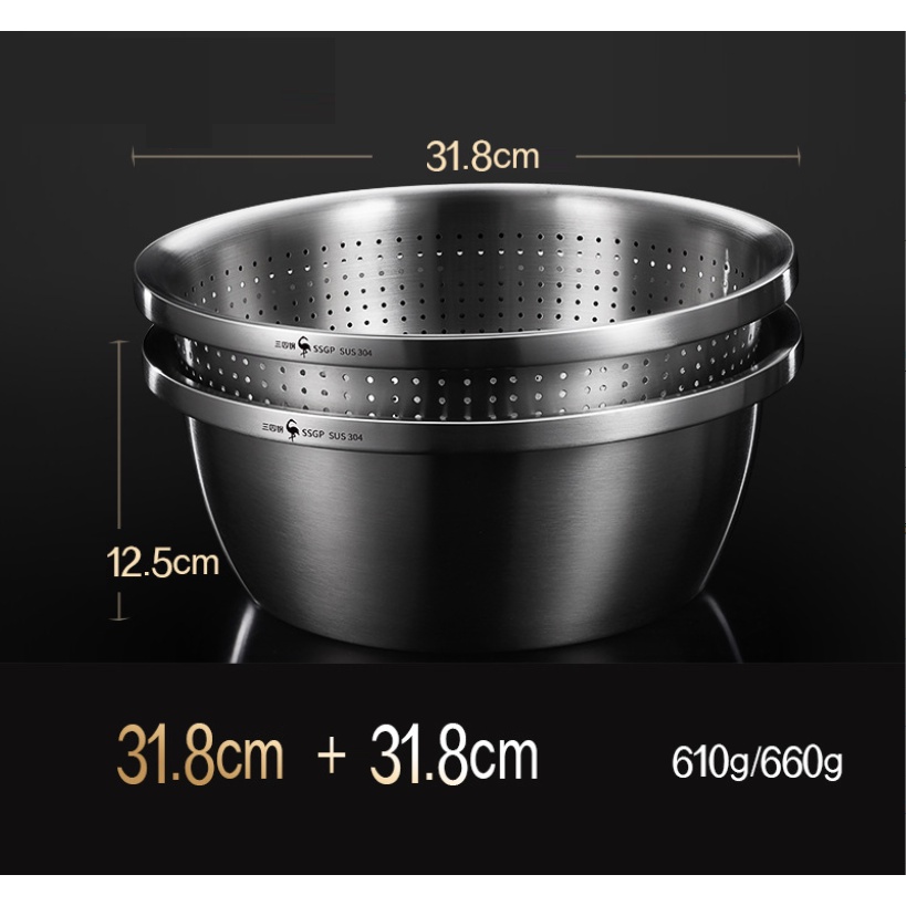 Thau rổ inox 304 thép ko gỉ đựng rửa rau củ quả vo gạo trộn salad làm bánh đa năng cao cấp SSGP size 22 24 26 30 32 34cm