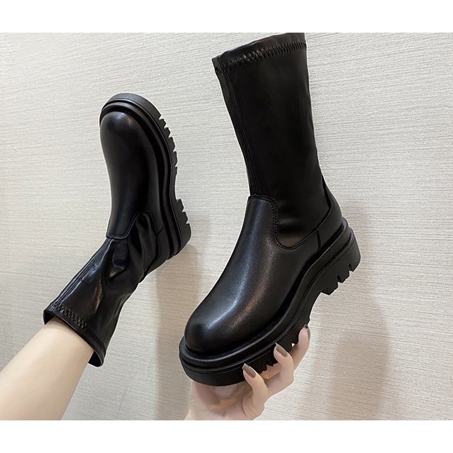Giày boots bệt cao cổ da trơn mềm không khoá ôm chân