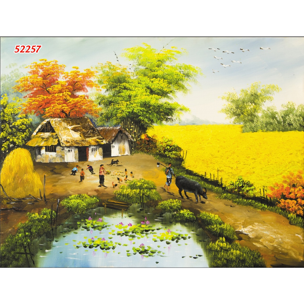 Tranh Dán Tường 3D Đồng Quê Cầu Tre Xuối Nước Xanh Biếc, Lũy tre làng, ao làng, dòng suối nhỏ