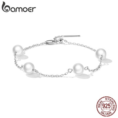 Vòng tay bạc 925 BAMOER 22cm đính ngọc trai nhân tạo thời trang cho nữ