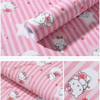 Giấy dán tường kitty sọc hồng cuộn 10m khổ rộng 45cm có keo dán sẵn
