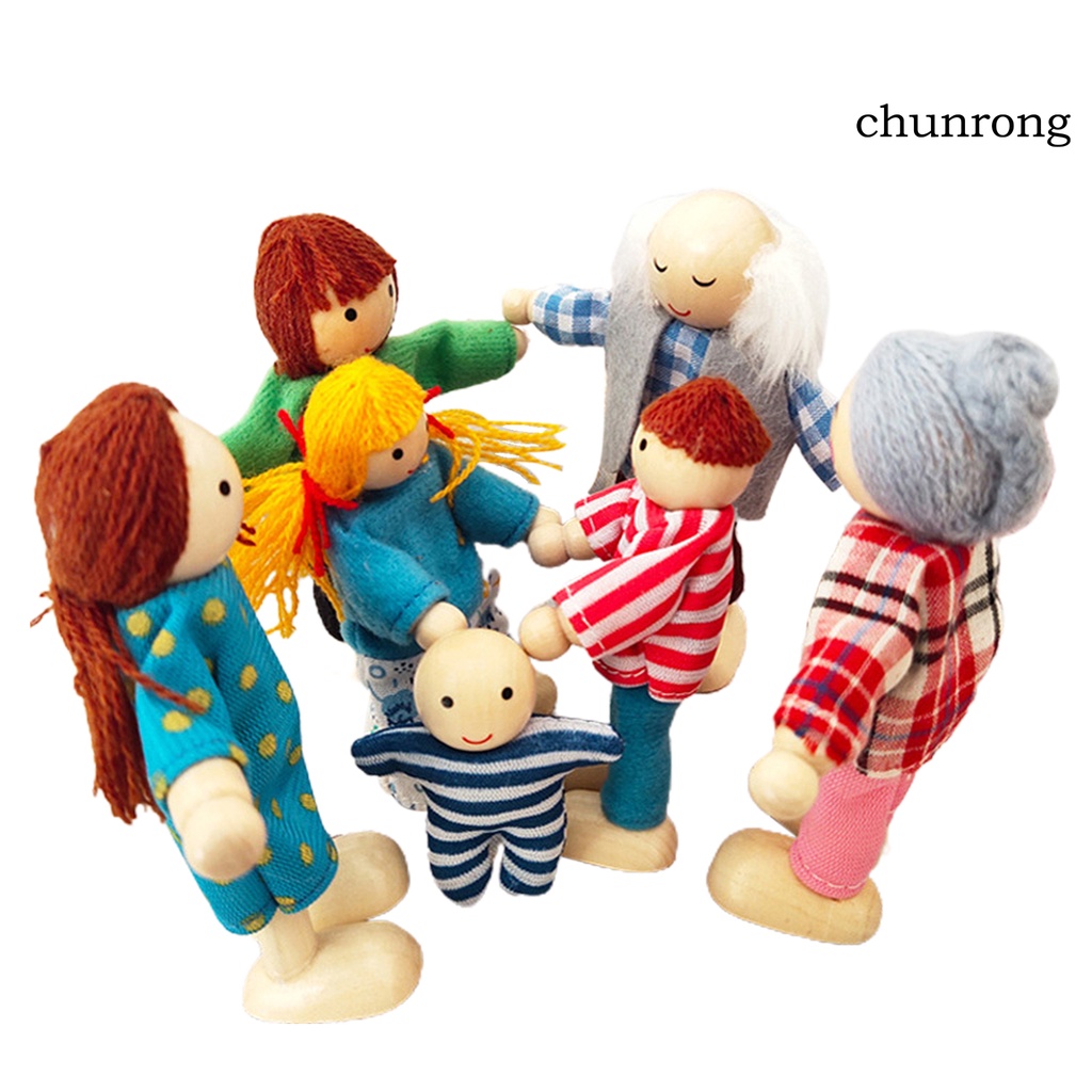 Bộ 7 búp bê gia đình hoạt hình bằng gỗ có khớp cử động đáng yêu