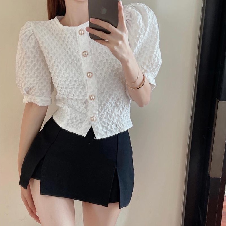 Áo sơ mi tay phồng ngắn phong cách cổ điển kiểu Pháp cho nữ