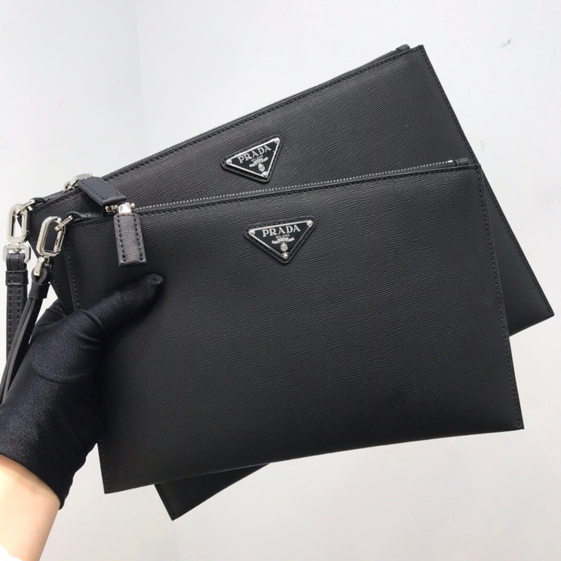 Túi ví, Clutch da thật cao cấp Prada thiết kế mùa đen Classic dễ phối đồ