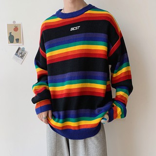 Áo sweater kẻ sọc màu sắc cầu vồng thời trang mùa thu phong cách mới