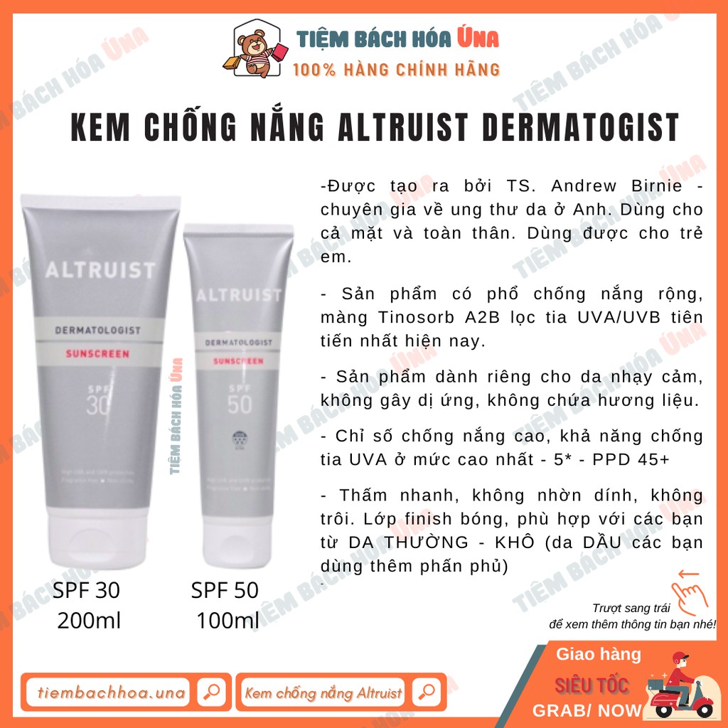 Kem chống nắng cho da nhạy cảm Altruist Dermatologist Sunscreen SPF 30, SPF 50