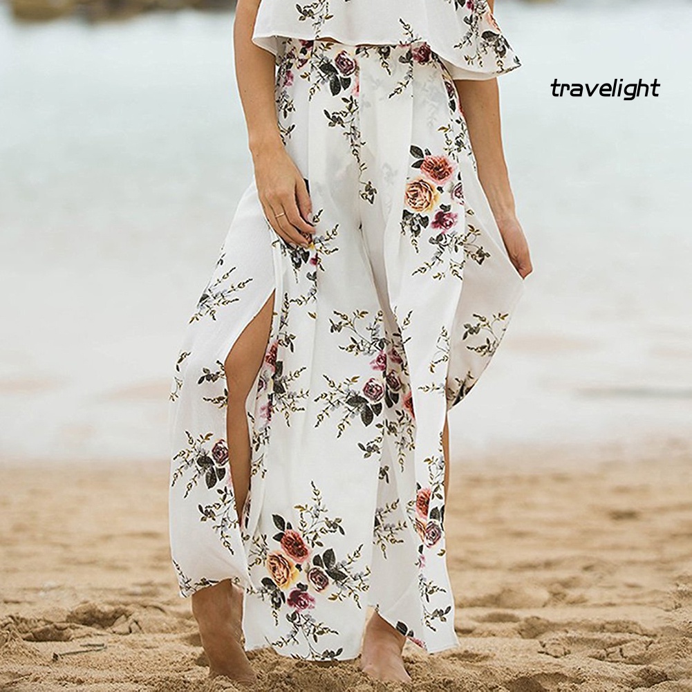 Quần Culottes Palazzo Lưng Cao Ống Rộng Xẻ Tà In Họa Tiết Hoa Phong Cách Boho Thời Trang Đi Biển