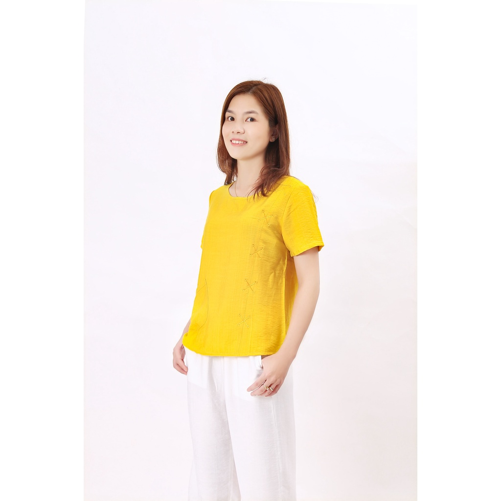 Áo Trung Niên Nguyễn Hiền Trẻ Trung, Kiểu Áo Trung Niên Cổ Tròn Thêu Chữ X Tay Ngắn - HM290