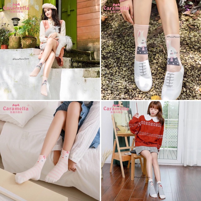 Set 4 đôi tất nữ cao cấp cổ cao hình thú hãng Caramella chất vải cotton co giãn mềm mại