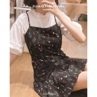 Đầm Kiso hai dây đen hoa nhí+ Áo sơ mi trắng Rika