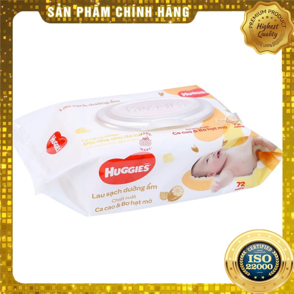 [ Yams Mart ] Khăn Giấy Ướt Cho Trẻ Sơ Sinh Huggies Chiết Xuất Ca Cao &amp; Bơ Hạt Mỡ Gói 72 Miếng