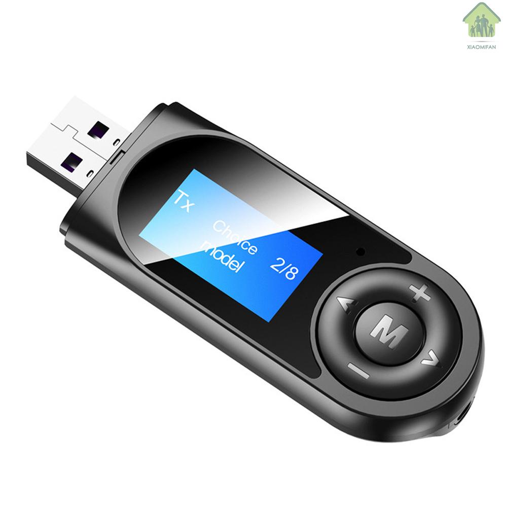 USB phát tín hiệu âm thanh Bluetooth 5.0 có màn hình LCD kèm cổng AUX 3.5mm và mic thu âm dùng cho TV và xe hơi