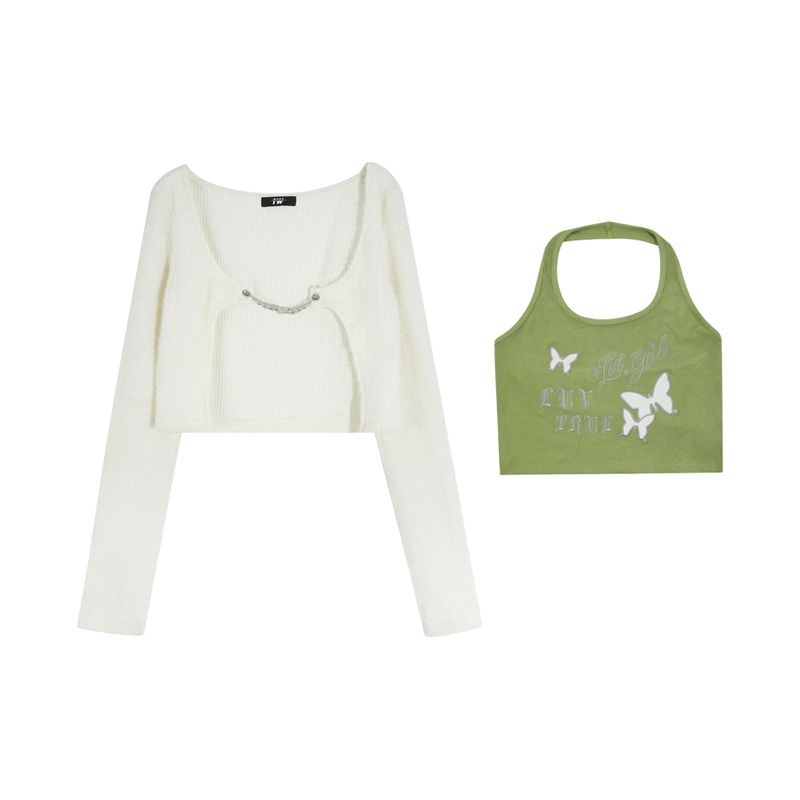 COZOK Set Áo Hai Dây + Áo Khoác cardigan Phong Cách Quyến Rũ