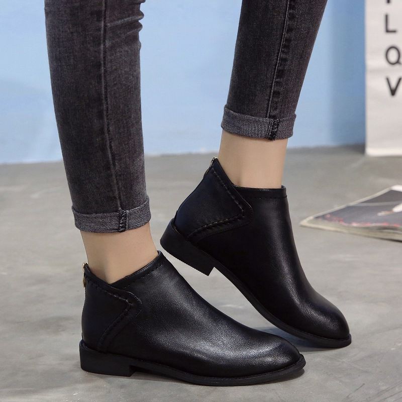 Giày Boots da thời trang thu đông 2020 cho nữ✪Giày boot đế thấp lót nhung thời trang cho nữ✪Giày bốt Martin cổ cao tới mắt cá chân thiết kế sành điệu
