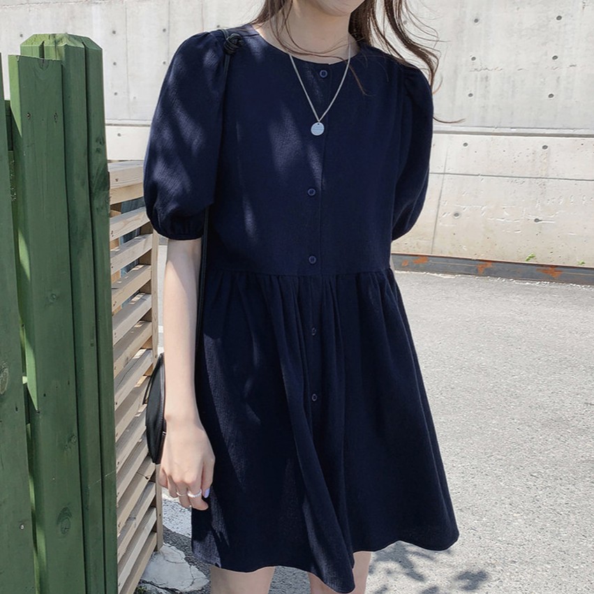 Đầm tay phồng cổ tròn màu trơn xinh xắn cho nữ 34980