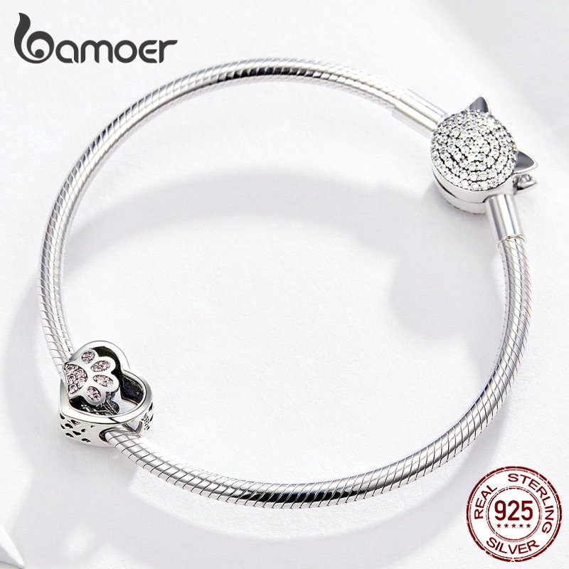 Mặt dây Bamoer hình trái tim phối dấu chân thú cưng bằng bạc đáng yêu