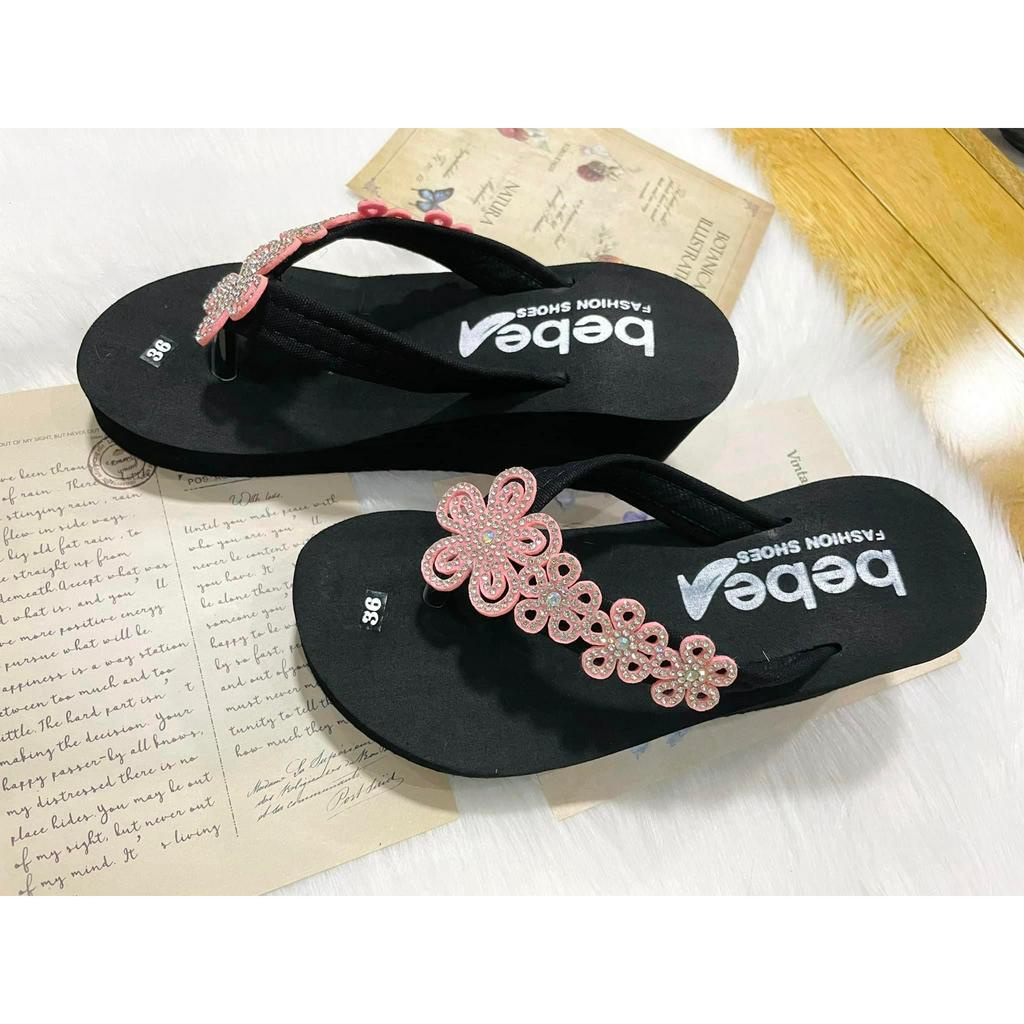 Dép nữ quai xỏ kẹp 7cm họa tiết hoa mai đế xuồng siêu nhẹ