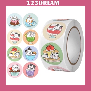 Cuộn 500 tem dán sticker chú mèo Kem size 2.5cm có keo dính