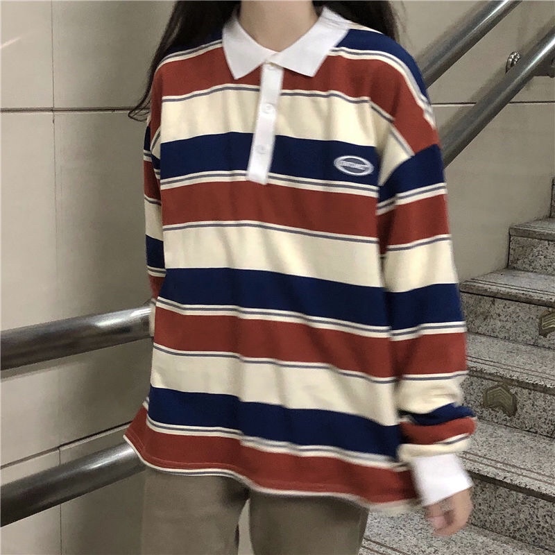 Áo Sweater Cổ Polo Tay Dài Form Rộng Kẻ Sọc Phong Cách Hàn Quốc