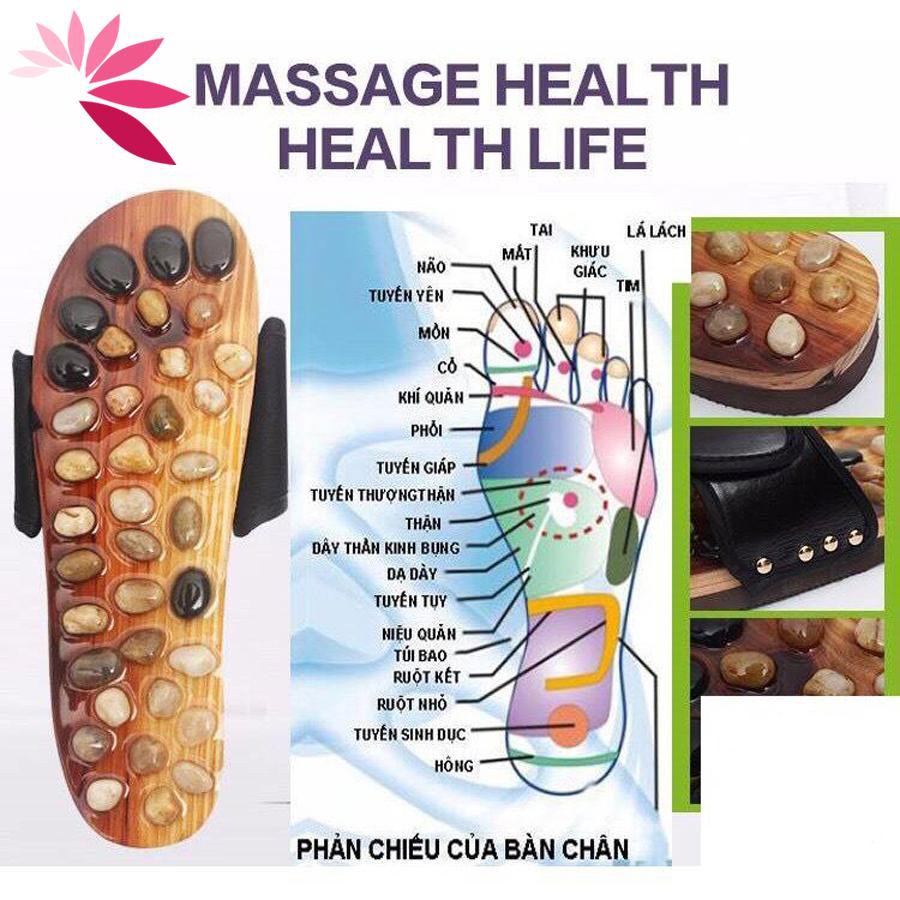 (GÍA BUÔN) Dép Massage khảm đá Bấm huyệt bàn chân trên gỗ tự nhiên, Bấm Huyệt chân Giảm căng thẳng mệt mỏi size từ 37 đế